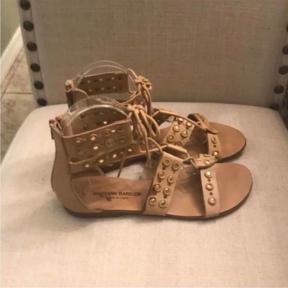 Barbara Barbieri Tan Gladiator Sandals - studded lace up flats